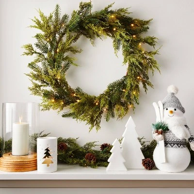 28" Pre-lit Mixed Greenery Artificial Christmas Wreath LED Warm White Lights - Wondershop™ 3 28" Pre-lit Mixed Greenery Artificial Christmas Wreath LED Warm White Lights - Wondershop™