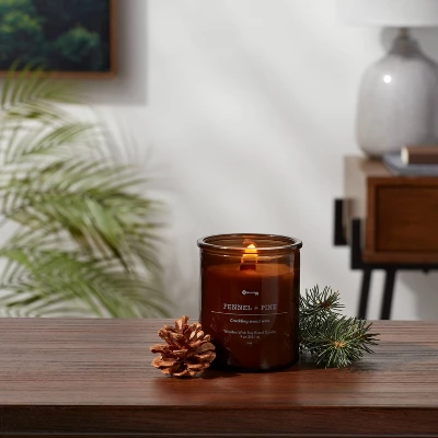 9oz Lidded Amber Glass Jar Crackling Wooden Wick Fennel And Pine Candle - Threshold™ 3 9oz Lidded Amber Glass Jar Crackling Wooden Wick Fennel And Pine Candle - Threshold™