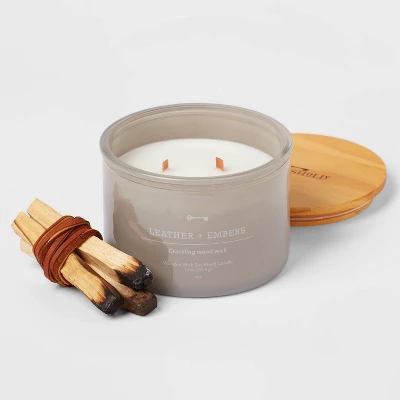 14oz Lidded Gray Glass Jar Crackling Wooden 3-Wick Candle With Clear Label Leather + Embers - Threshold™ 4 14oz Lidded Gray Glass Jar Crackling Wooden 3-Wick Candle With Clear Label Leather + Embers - Threshold™ - Image 2