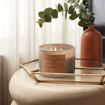 14oz Lidded Gray Glass Jar Crackling Wooden 3-Wick Candle With Paper Label Red Mango + Amber - Threshold™ 3 14oz Lidded Gray Glass Jar Crackling Wooden 3-Wick Candle With Paper Label Red Mango + Amber - Threshold™