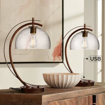 Possini Euro Design Modern Desk Lamps Set Of 2 With USB Port 22 1/2" High Bronze LED Clear Seeded Glass Shade For Bedroom Office 3 Possini Euro Design Modern Desk Lamps Set Of 2 With USB Port 22 1/2" High Bronze LED Clear Seeded Glass Shade For Bedroom Office