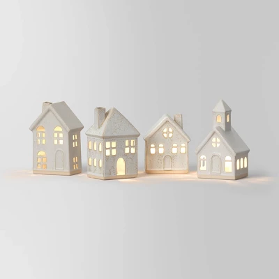 10pc Battery Operated Ceramic Christmas Village Set With Bottle Brush Trees - Wondershop™ White/Tan 4 10pc Battery Operated Ceramic Christmas Village Set With Bottle Brush Trees - Wondershop™ White/Tan - Image 2