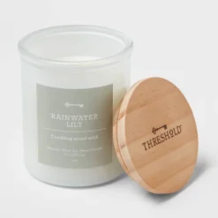 9oz Milky White Glass Woodwick Candle With Wood Lid And Stamped Logo Rainwater Lily - Threshold™ 5 9oz Milky White Glass Woodwick Candle With Wood Lid And Stamped Logo Rainwater Lily - Threshold™ -Home Furnishings Store GUEST 4d79ad99 bd6e 4245 8b1a 472320536b1d
