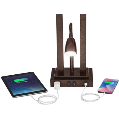 Possini Euro Design Deacon Modern Desk Table Lamp 26" High Bronze With USB And AC Power Outlet In Base LED Reading Light Oatmeal Shade For Office Desk 6 Possini Euro Design Deacon Modern Desk Table Lamp 26" High Bronze With USB And AC Power Outlet In Base LED Reading Light Oatmeal Shade For Office Desk - Image 4