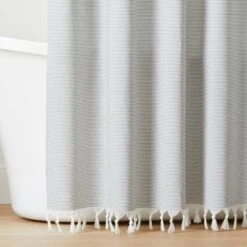 Ticking Stripe Woven Shower Curtain Gray/Cream - Hearth & Hand™ With Magnolia