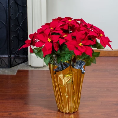 Northlight 28" Red Artificial Christmas Poinsettia With Gold Wrapped Pot 4 Northlight 28" Red Artificial Christmas Poinsettia With Gold Wrapped Pot - Image 2