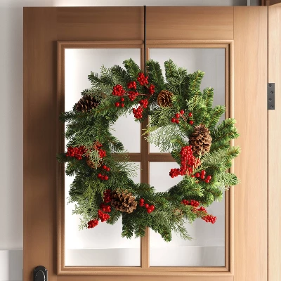28" Mixed Greenery And Cedar With Pinecones And Red Berries Artificial Christmas Wreath Green - Wondershop™ 3 28" Mixed Greenery And Cedar With Pinecones And Red Berries Artificial Christmas Wreath Green - Wondershop™