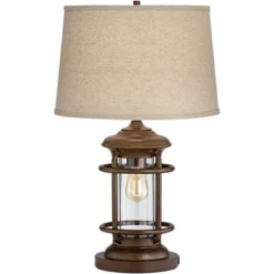 Franklin Iron Works Andreas Industrial Table Lamp 26" High Brown Metal With Nightlight LED And USB Charging Port Oatmeal Shade For Living Room Desk -Home Furnishings Store GUEST 81e3b76f 0c73 49e1 863b ee64ce20556e