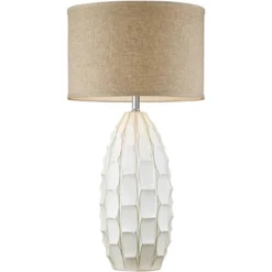 Possini Euro Design Cosgrove Modern Mid Century Table Lamp 32 3/4" Tall White Glazed Ceramic Beige Fabric Drum Shade For Bedroom Living Room Bedside -Home Furnishings Store GUEST 87b80e2d 8cd2 4d8b aa40 8cddab0699a1