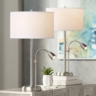 Possini Euro Design Traverse Modern Table Lamps Set Of 2 29 1/2" Tall Brushed Nickel With USB Charging Port LED Gooseneck White Drum Shade For Desk 9 Possini Euro Design Traverse Modern Table Lamps Set Of 2 29 1/2" Tall Brushed Nickel With USB Charging Port LED Gooseneck White Drum Shade For Desk - Image 7