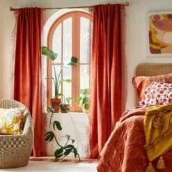 Best Seller 21 1pc Light Filtering Velvet Macrame Trim Window Curtain Panel Burnt Orange - Opalhouse™ Designed With Jungalow™