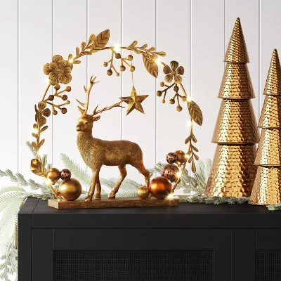 15" Battery Operated Lit Deer And Foliage Christmas Decorative Sculpture - Wondershop™ Gold