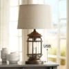Franklin Iron Works Andreas Industrial Table Lamp 26" High Brown Metal With Nightlight LED And USB Charging Port Oatmeal Shade For Living Room Desk -Home Furnishings Store GUEST d8dc011a 6a43 4c46 8d6e 47fe178b34a0