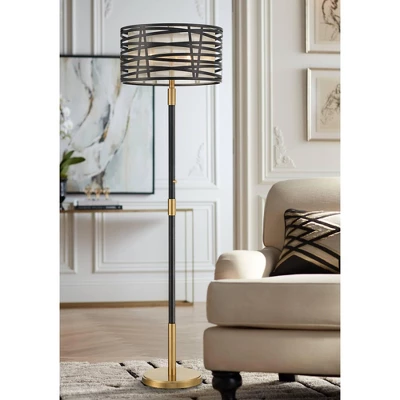 Possini Euro Design Halifax Modern Industrial Floor Lamp 64 1/2" Tall Matte Black Warm Gold Metal Double Drum Shade For Living Room Bedroom Office 3 Possini Euro Design Halifax Modern Industrial Floor Lamp 64 1/2" Tall Matte Black Warm Gold Metal Double Drum Shade For Living Room Bedroom Office